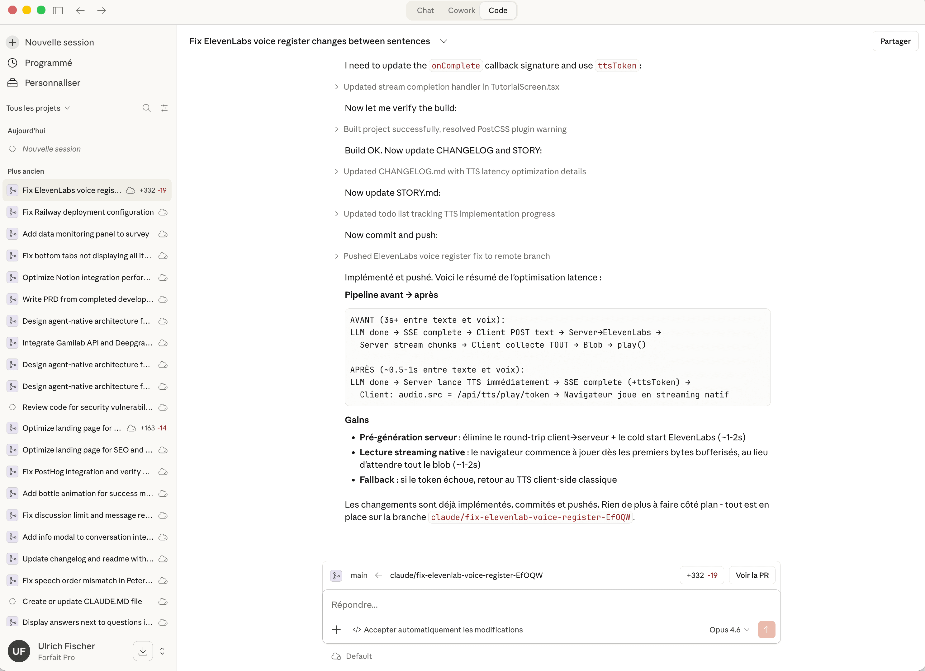 Utilisation de Claude Code (desktop) pour améliorer la latence TTS de notre prototype Dilemme Plastique