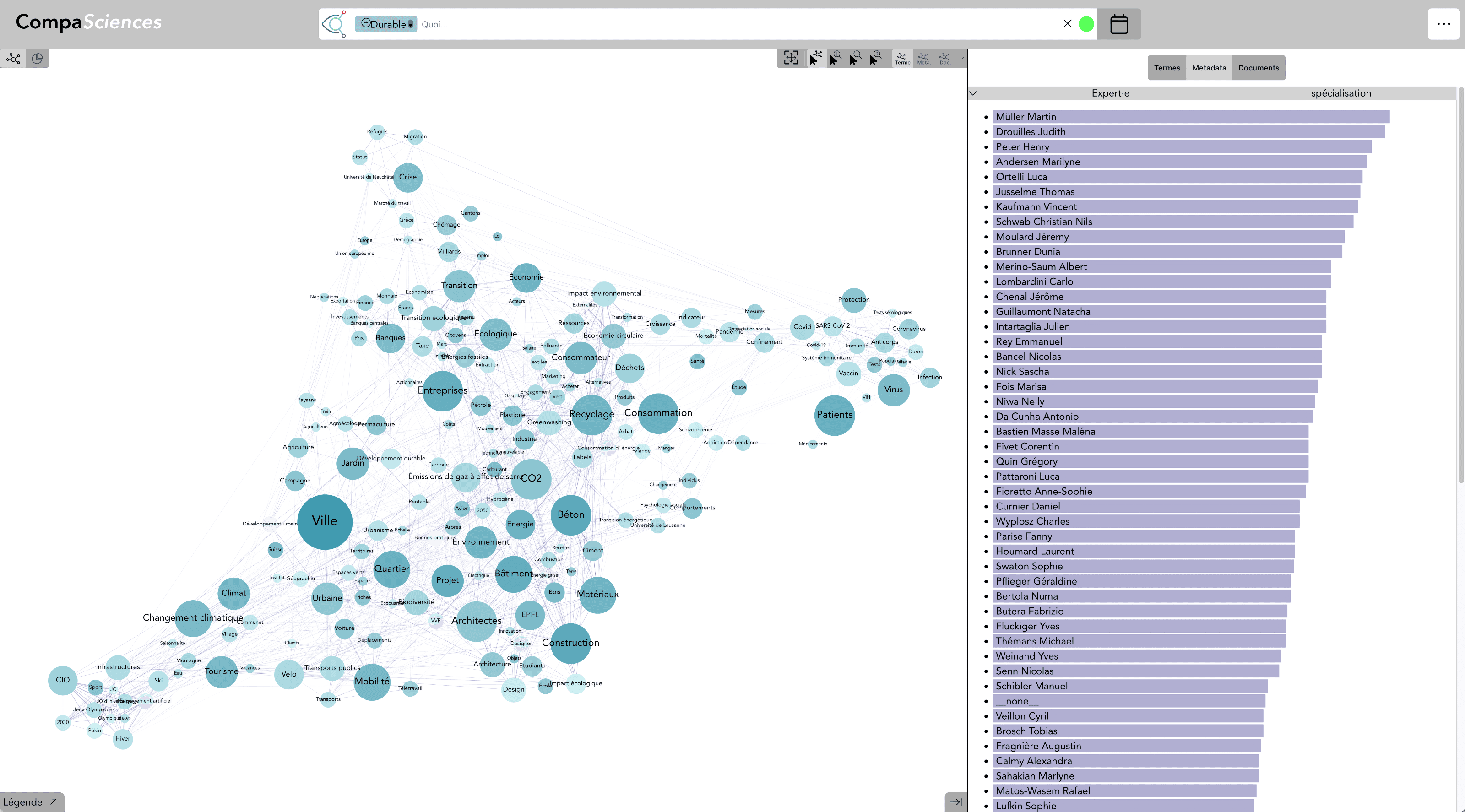 Interface CompaSciences : carte sémantique des sujets et expert·e·s identifié·e·s