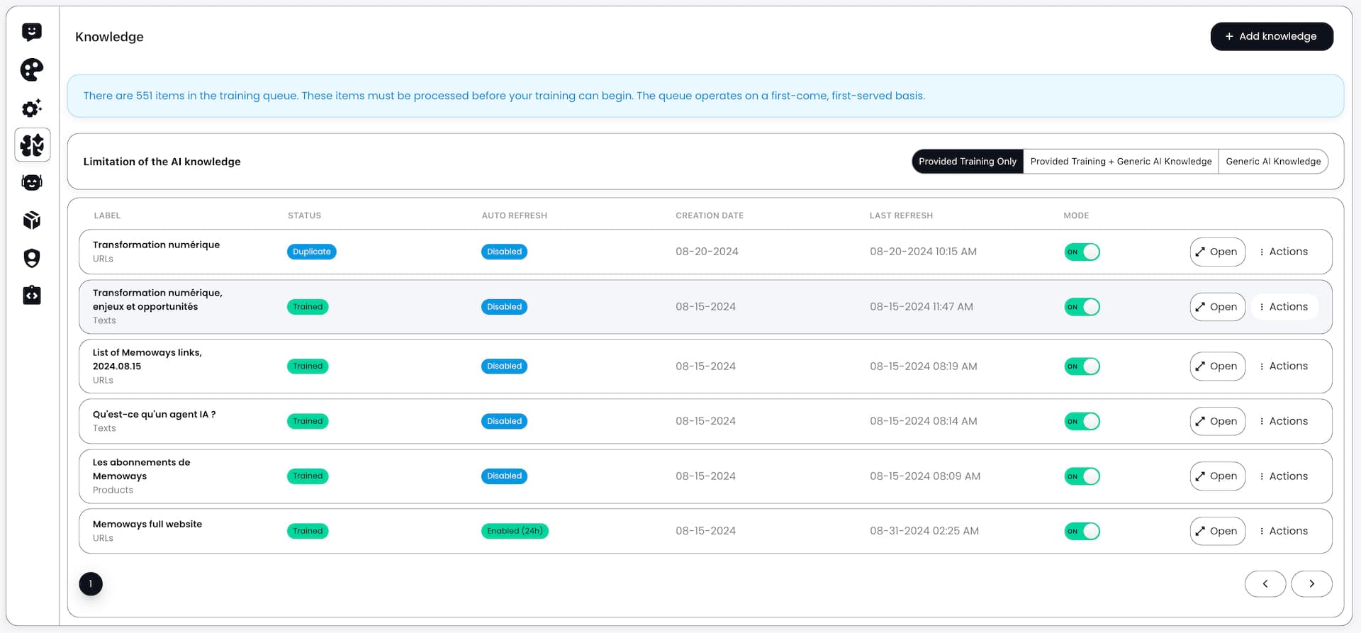 L’interface de InsertChat, pour ajouter et gérer sa base de connaissances